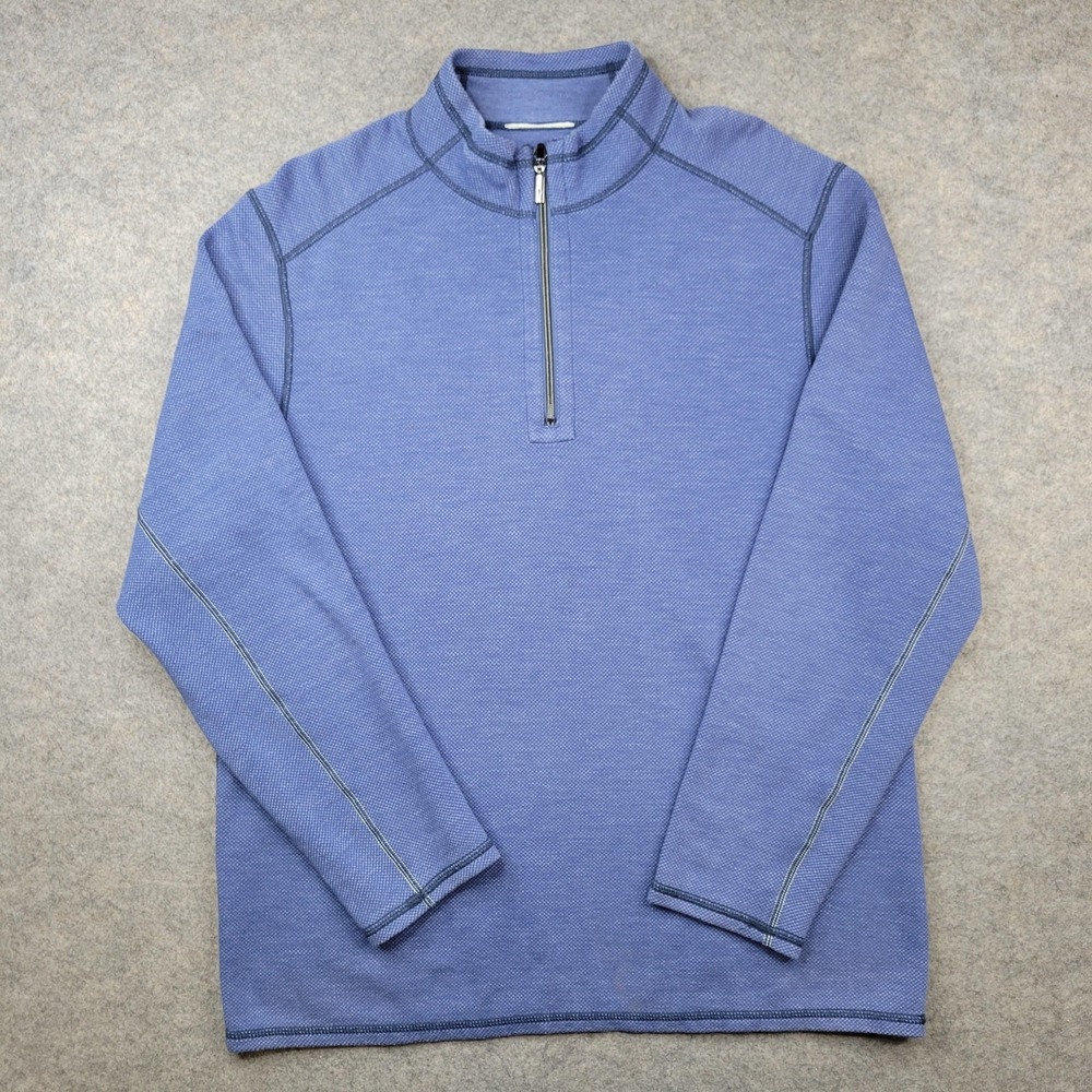 Tommy Bahama Sweater Mens Large Blue 1/4 Zip Mock Neck Knit Pullover Casual